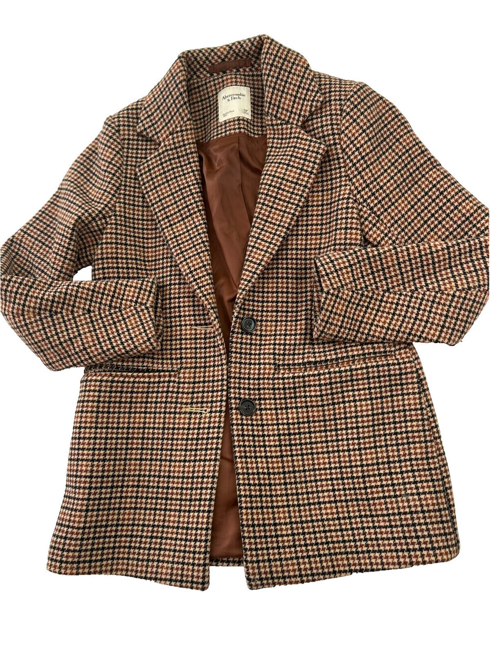 Abercrombie & Fitch Houndstooth Blazer Jacket Women's Brown Plaid Wool Blend XSP